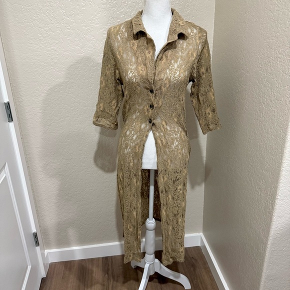 Moussy Sweaters - Moussy Tan Sheer Floral Lace Shirt Dress Cardigan Duster Size Free-One Size Boho